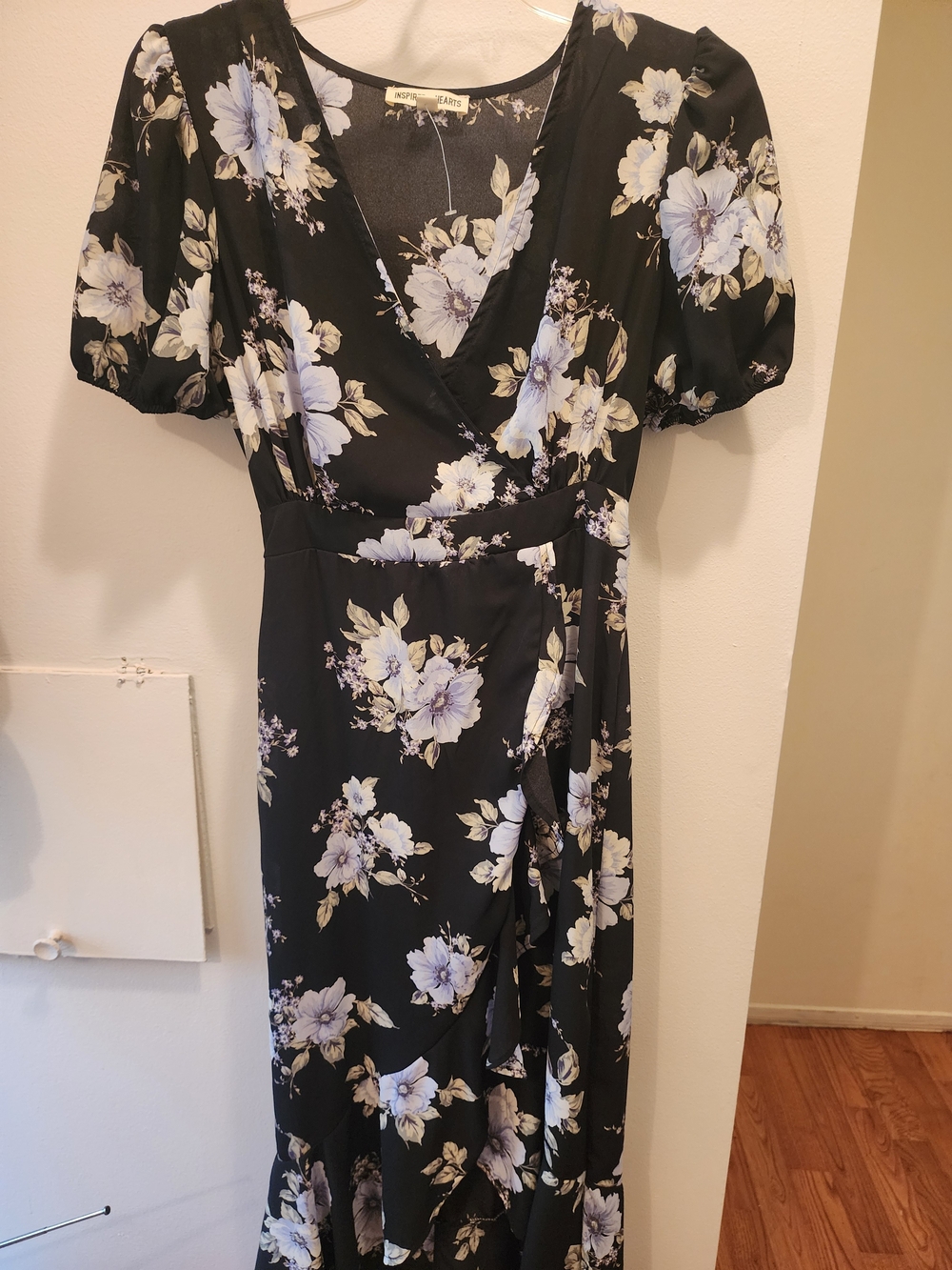Inspired Hearts Black Midi Wrap Dress with Lavender Floral Print